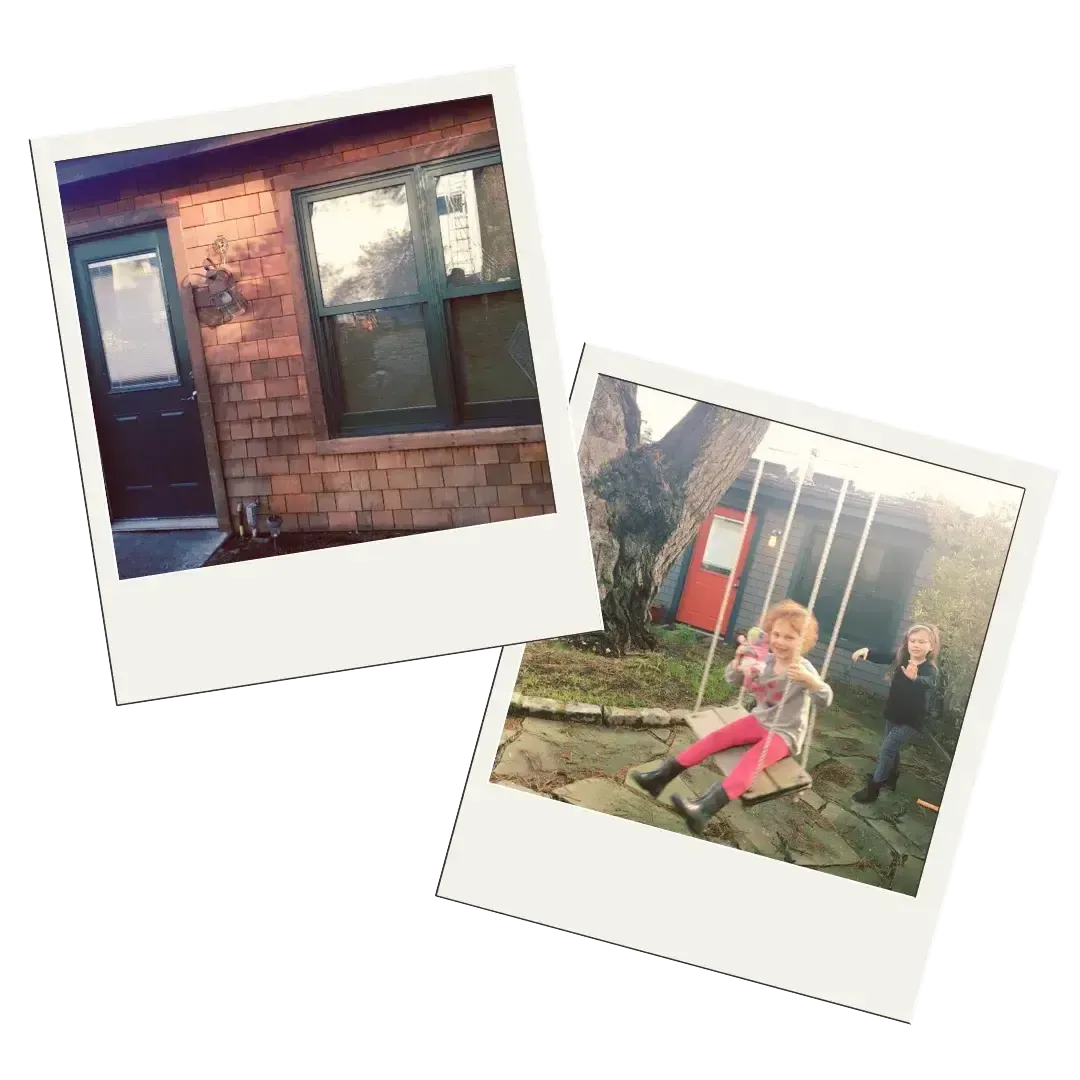 Two polaroid pictures of a house and a girl on a swing.