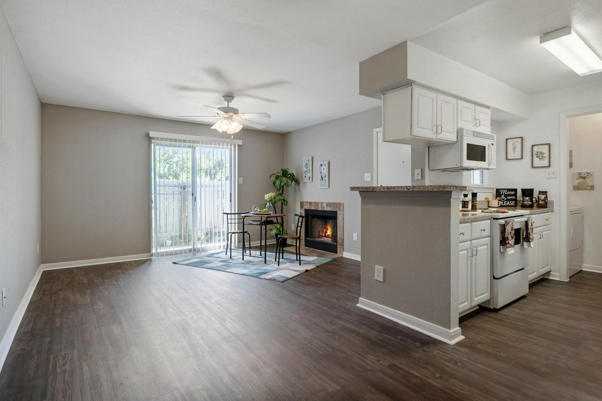 Living room with a fireplace, sliding glass door to a patio, and a kitchen counter.