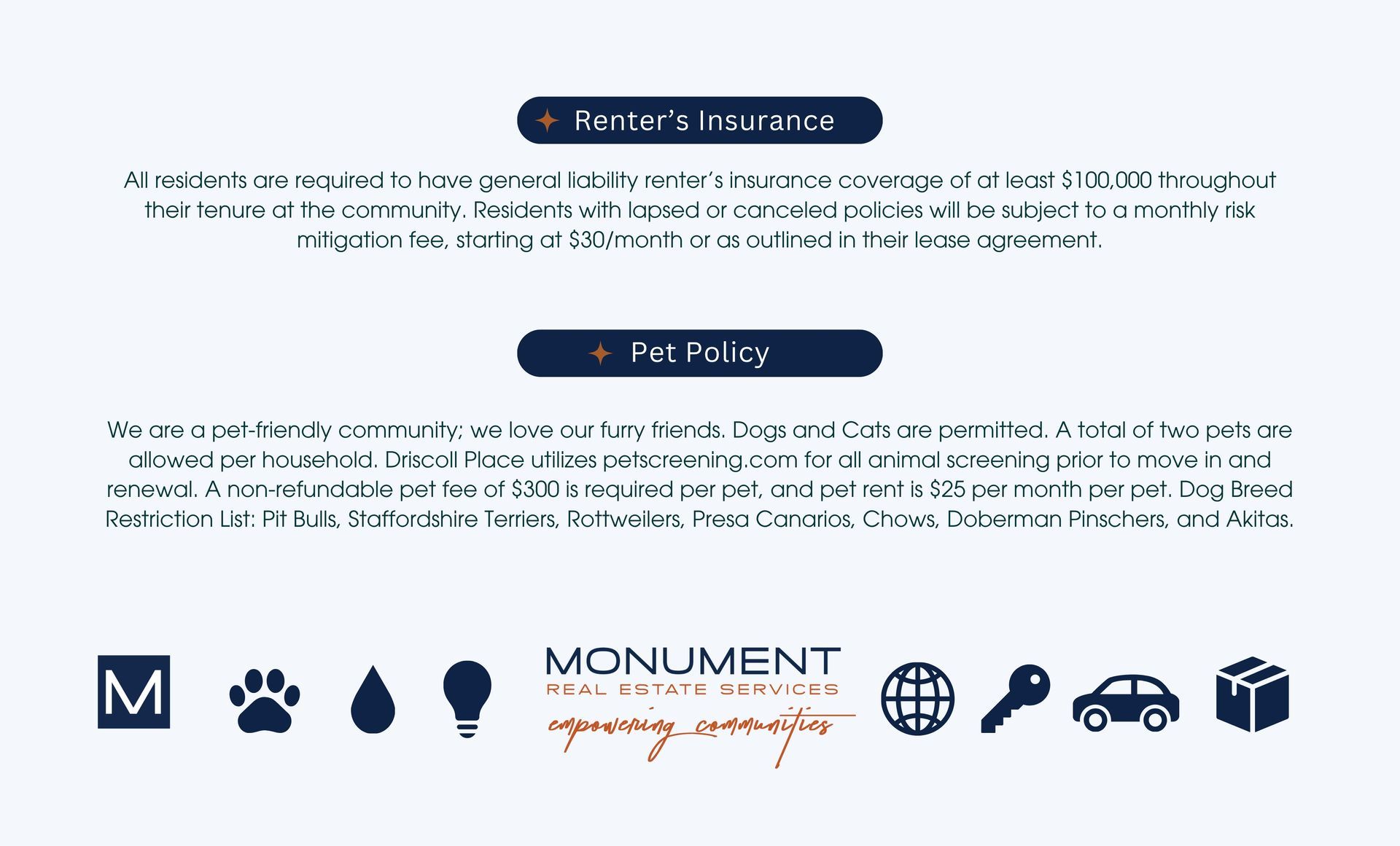 Renter's insurance and pet policy requirements for Monument Real Estate Services residents, with icons for utility services.