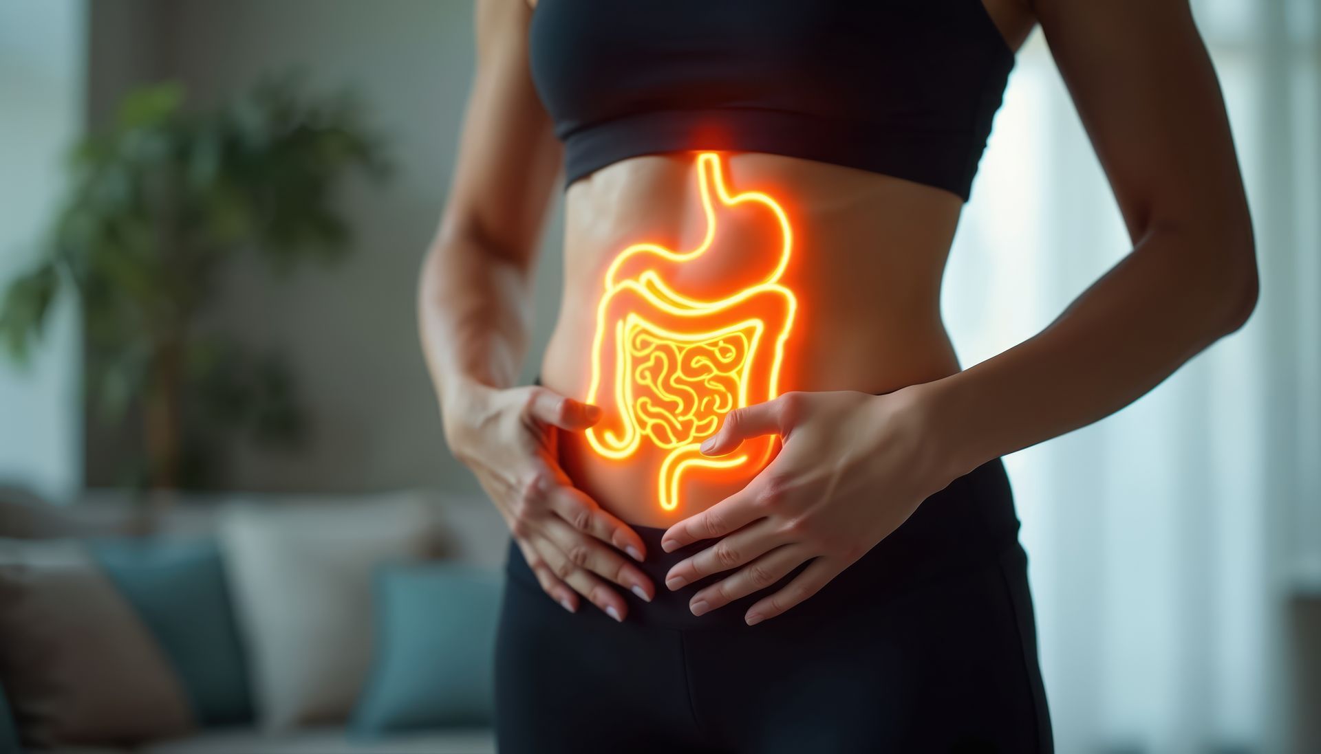 Mulher em roupa esportiva, com o contorno brilhante do sistema digestivo sobreposto ao abdômen.