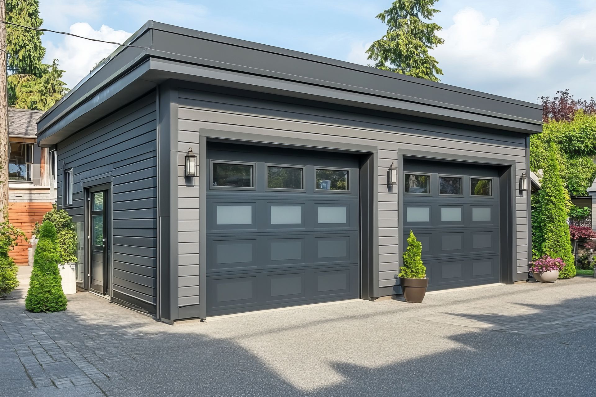 Garage double avec revêtement extérieur gris foncé, deux portes de garage et une petite porte latérale.