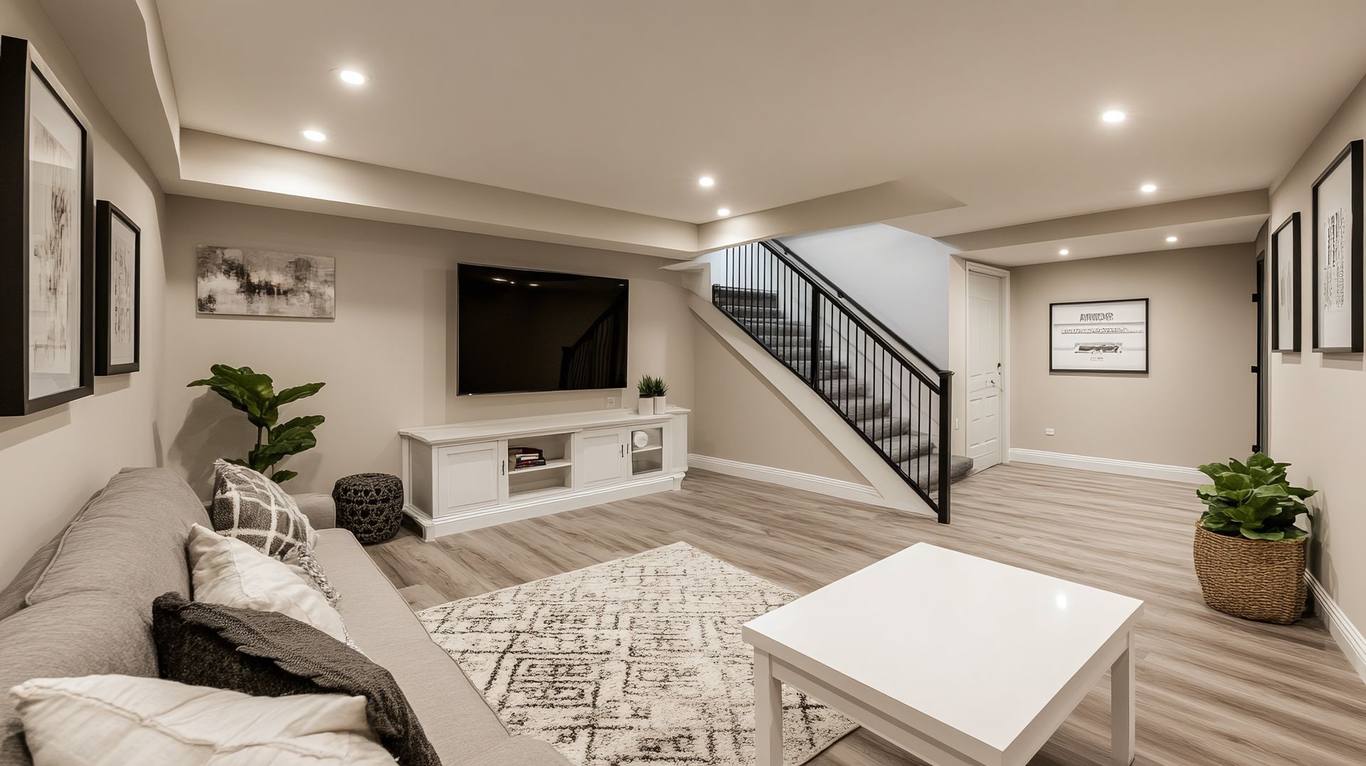 Salon moderne avec canapé d'angle beige, télévision murale, escalier, tapis et table basse blanche