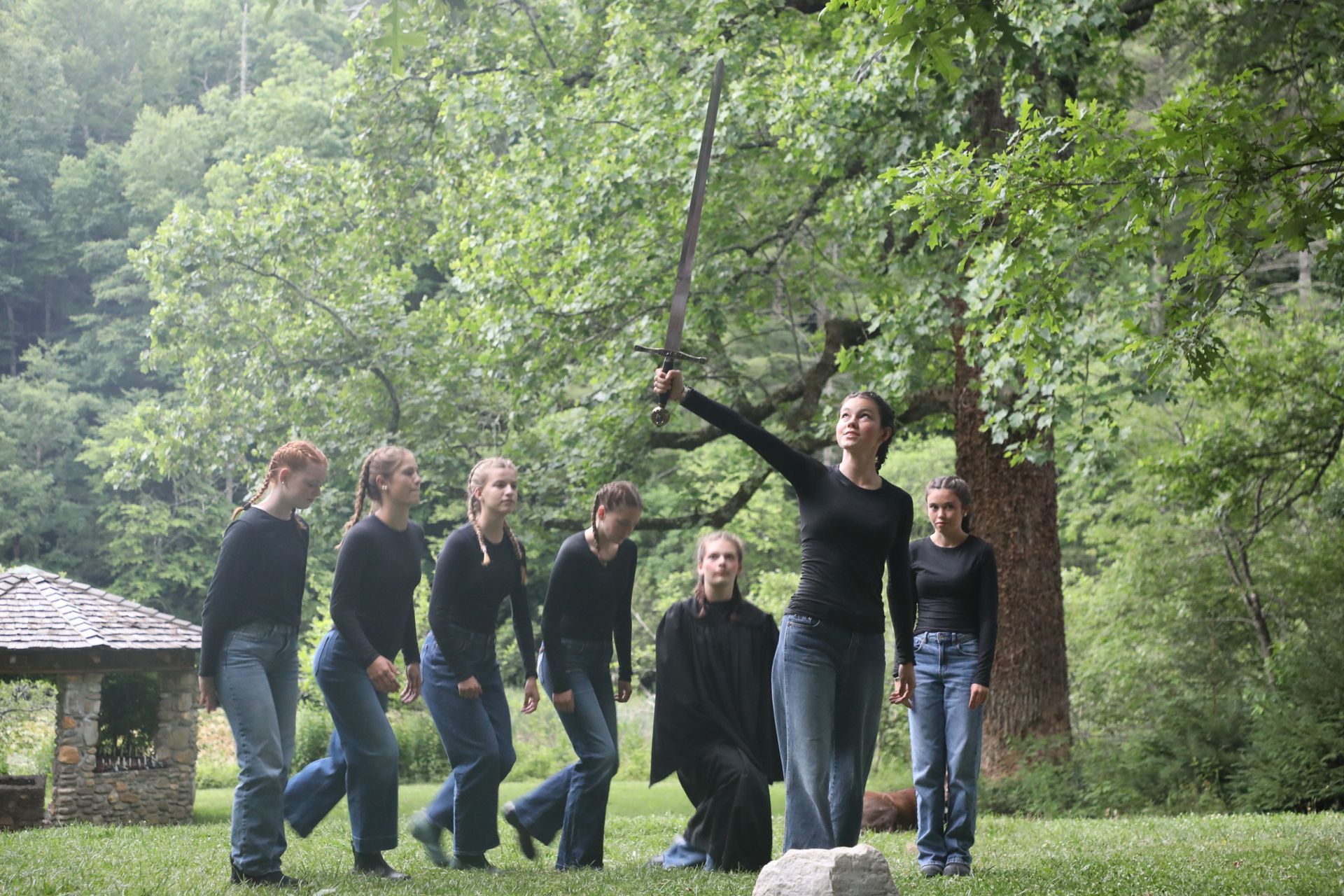 A large group of people in medieval-style tunics with crests, standing on a wooden dock by a lake and wooded hill.