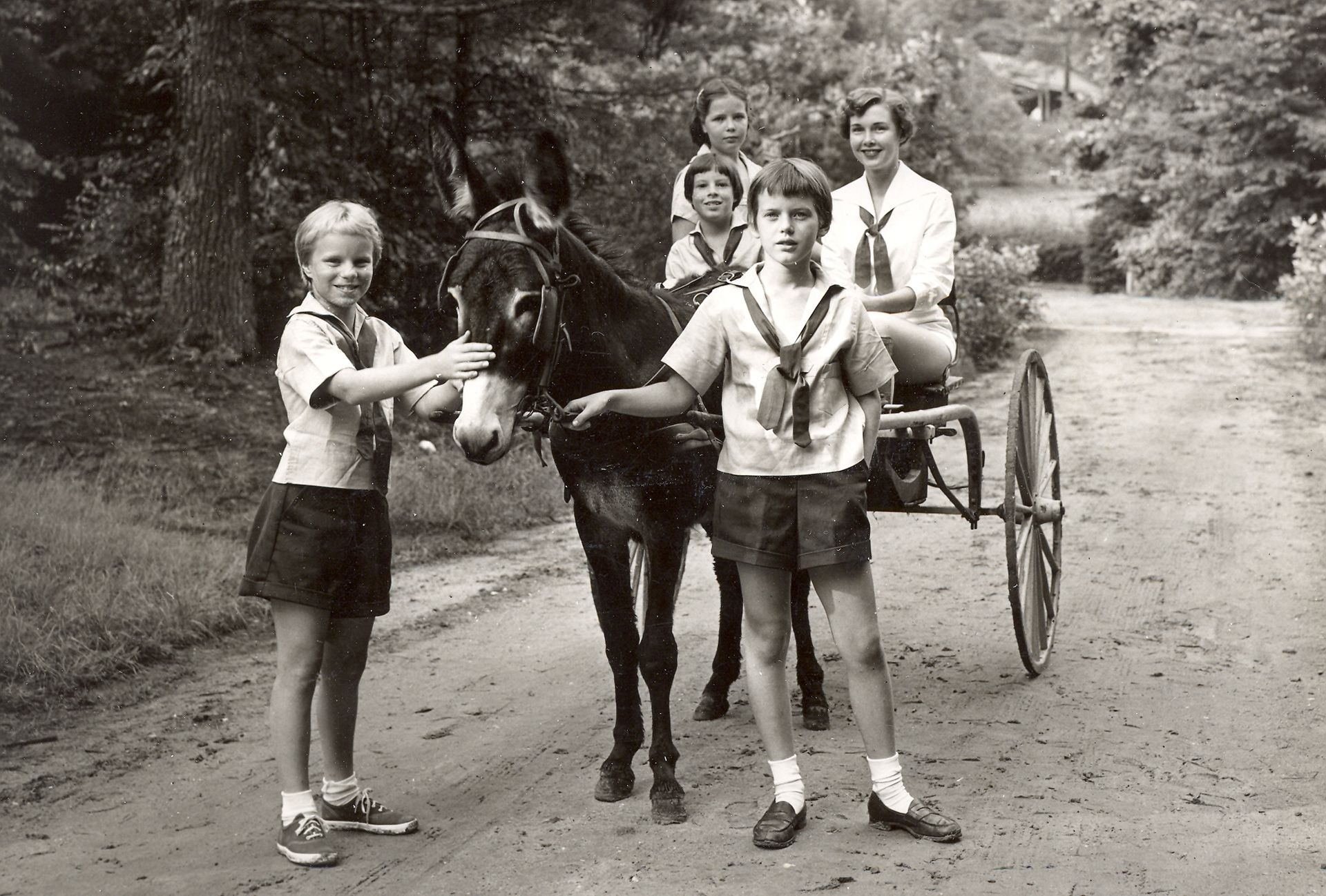 Four children in scout uniforms pose with a pony and a two-wheeled carriage on a dirt path in a wooded area.