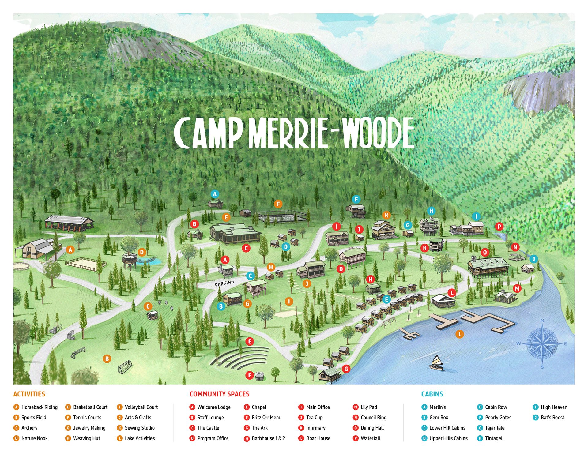 Illustrated map of Camp Merrie-Woode, showing cabins, facilities, and a lake surrounded by mountains and forests.