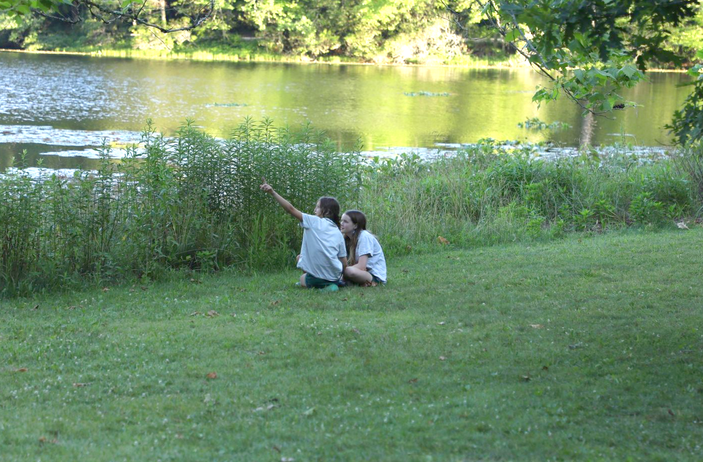 Two people sit on a grassy bank beside a lake, with one pointing toward the water.