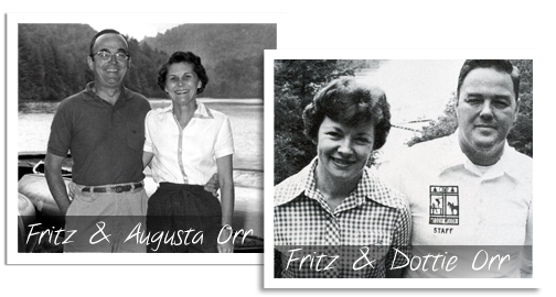 Two black-and-white photos: one labeled Fritz and Augusta Orr, the other Fritz and Dottie Orr, posed outdoors.