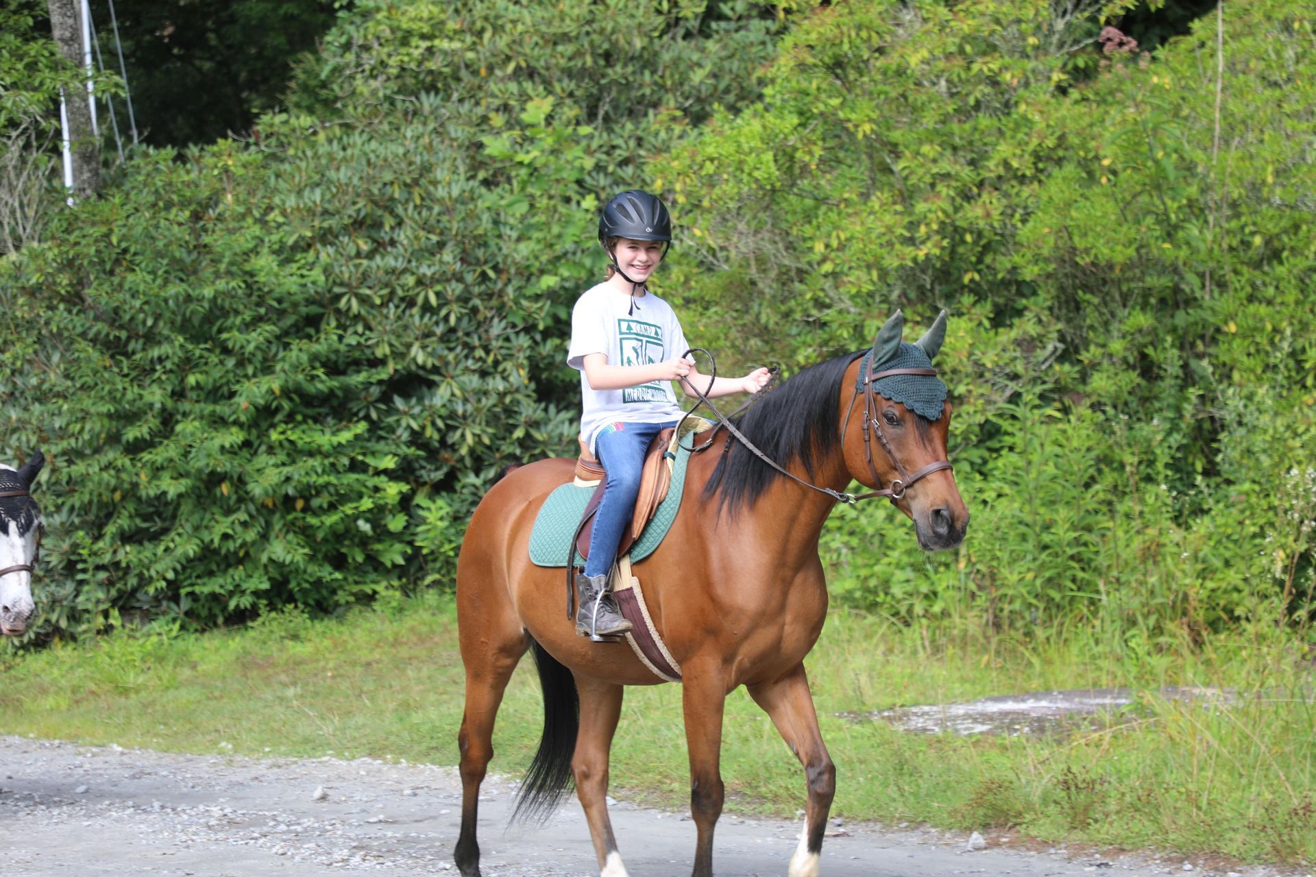 A person wearing a helmet smiles while riding a brown horse with a green saddle pad along a wooded path.