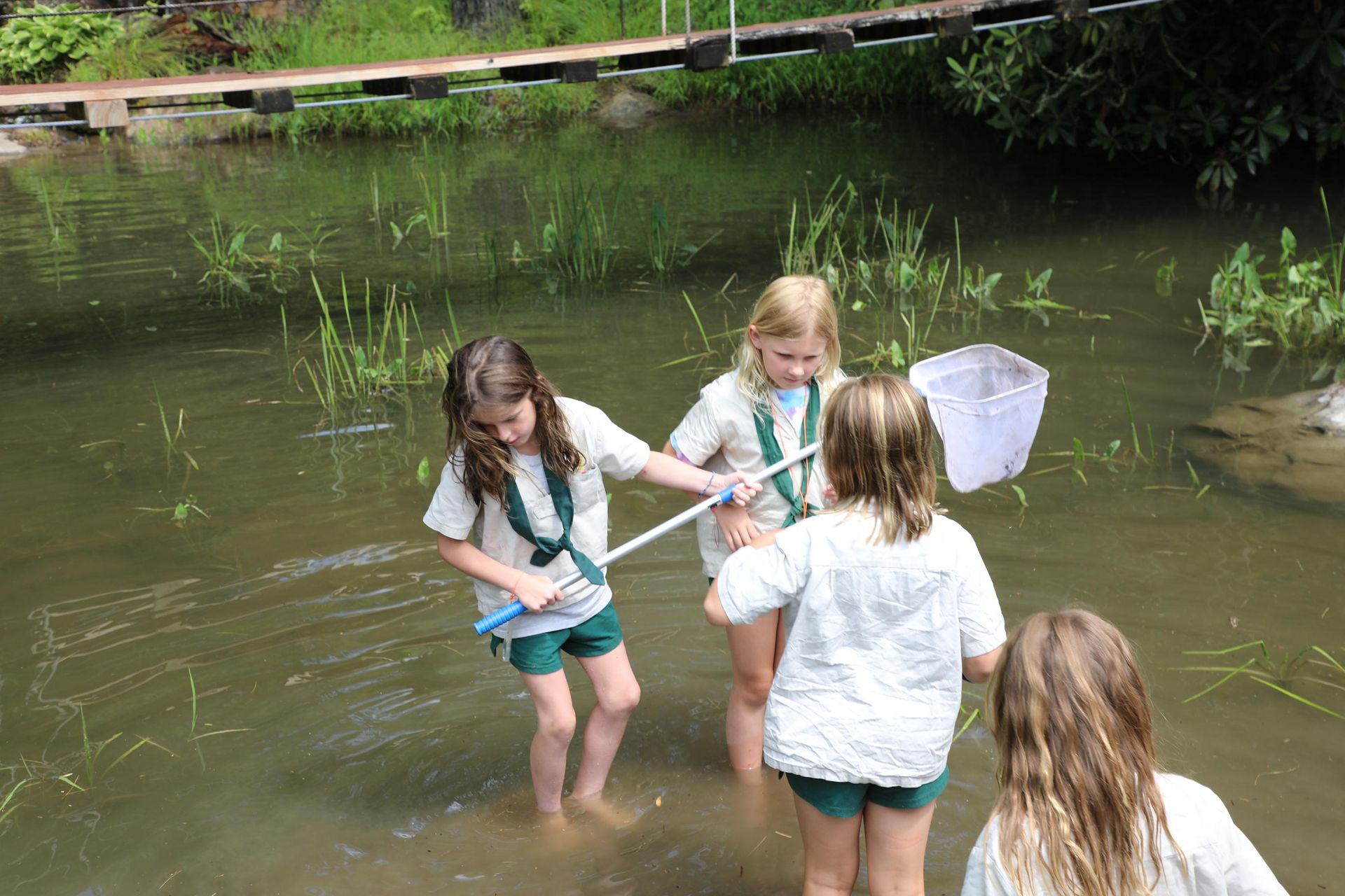 Four children wearing light-colored uniforms use nets to explore a shallow, murky creek under a wooden footbridge.