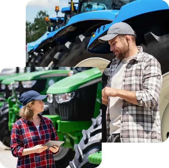 Tractor dealership owners looking at financial papers and a tablet.