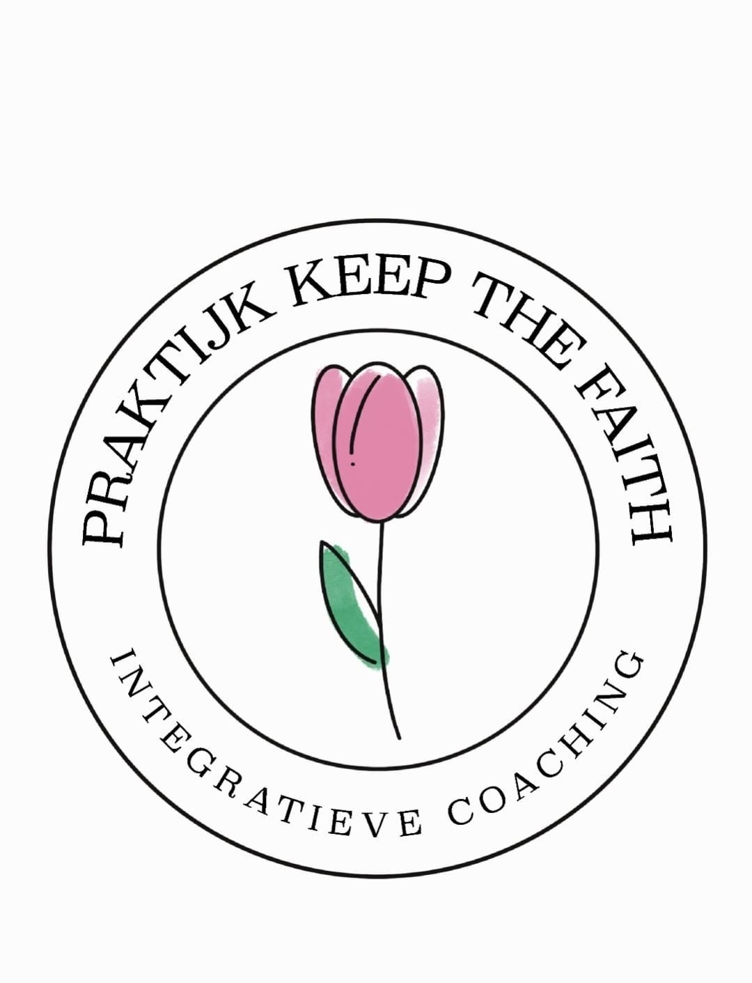 Logo Praktijk Keep the Faith Integratieve Therapie en Coaching". Center: pink tulip with green stem.