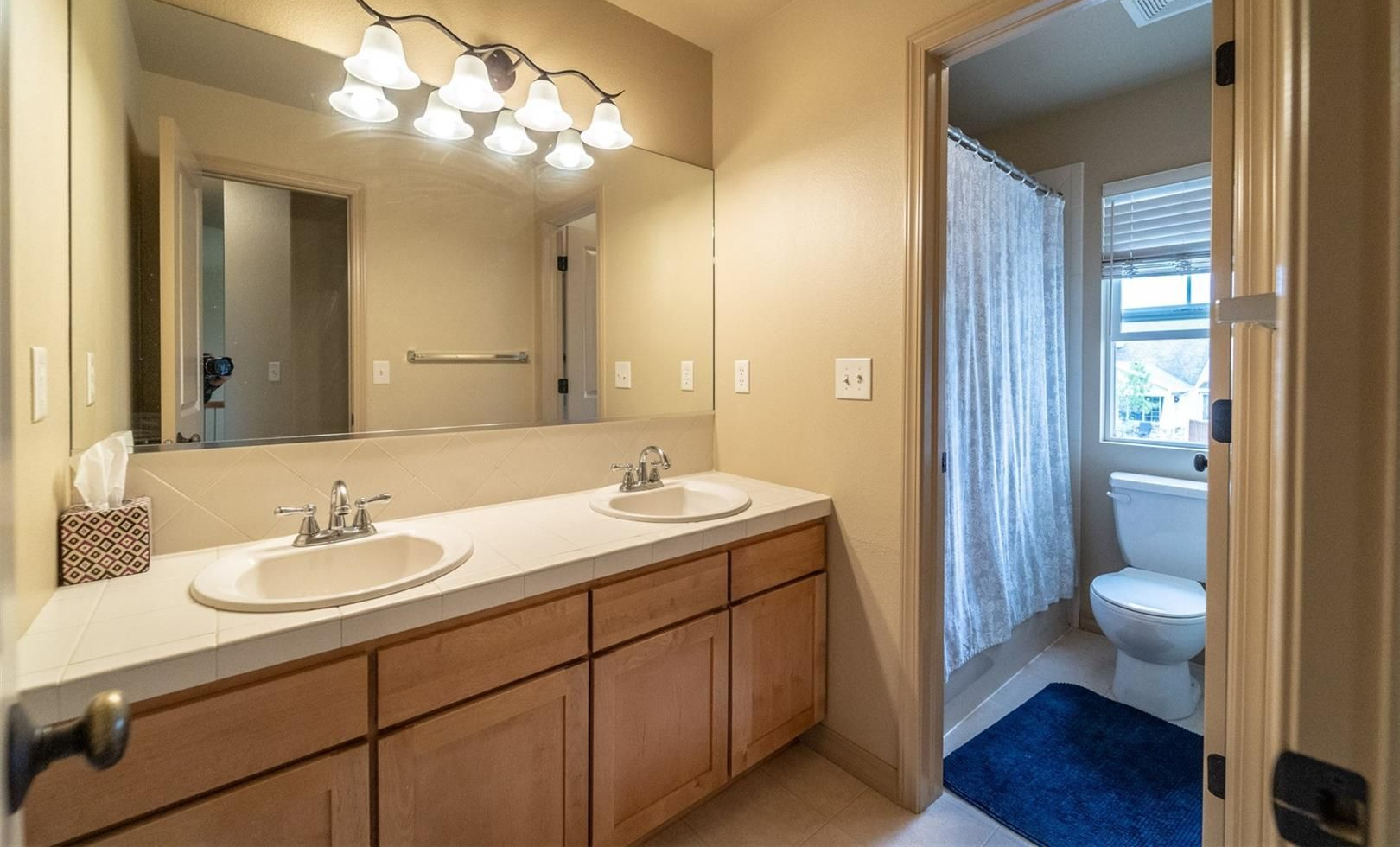 Bathroom vanity with double sinks, large mirror, and view into a tiled shower area.