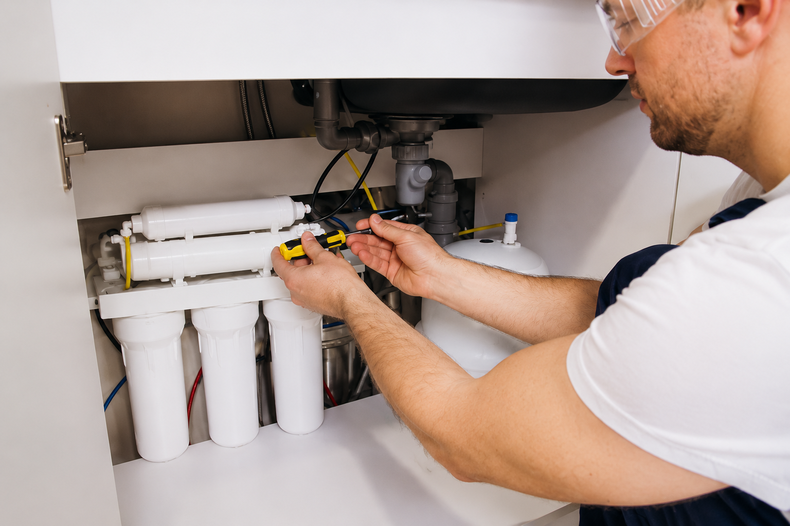 Technician installing under-sink reverse osmosis water filtration system with tools in cabinet sink. Technician installing under-sink reverse osmosis water filtration system with tools in cabinet sink.