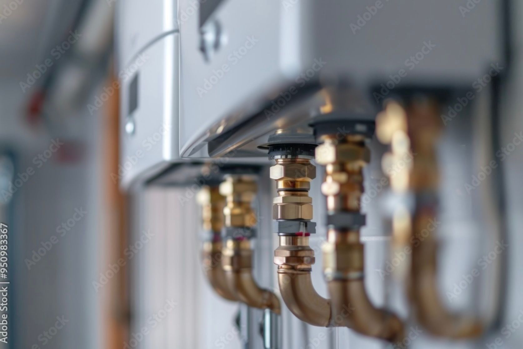 Close-up of a wall-mounted boiler with several connected copper pipes.