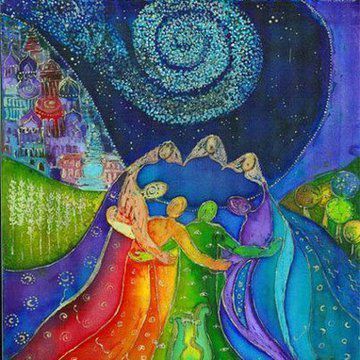 Une peinture colorée d'un groupe de personnes s'embrassant
