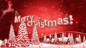 Red Christmas greeting with snowy trees, glowing lights, and “Merry Christmas!” text