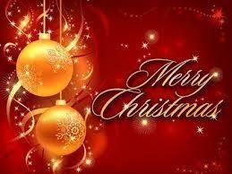 Red Christmas background with gold ornaments and “Merry Christmas” text