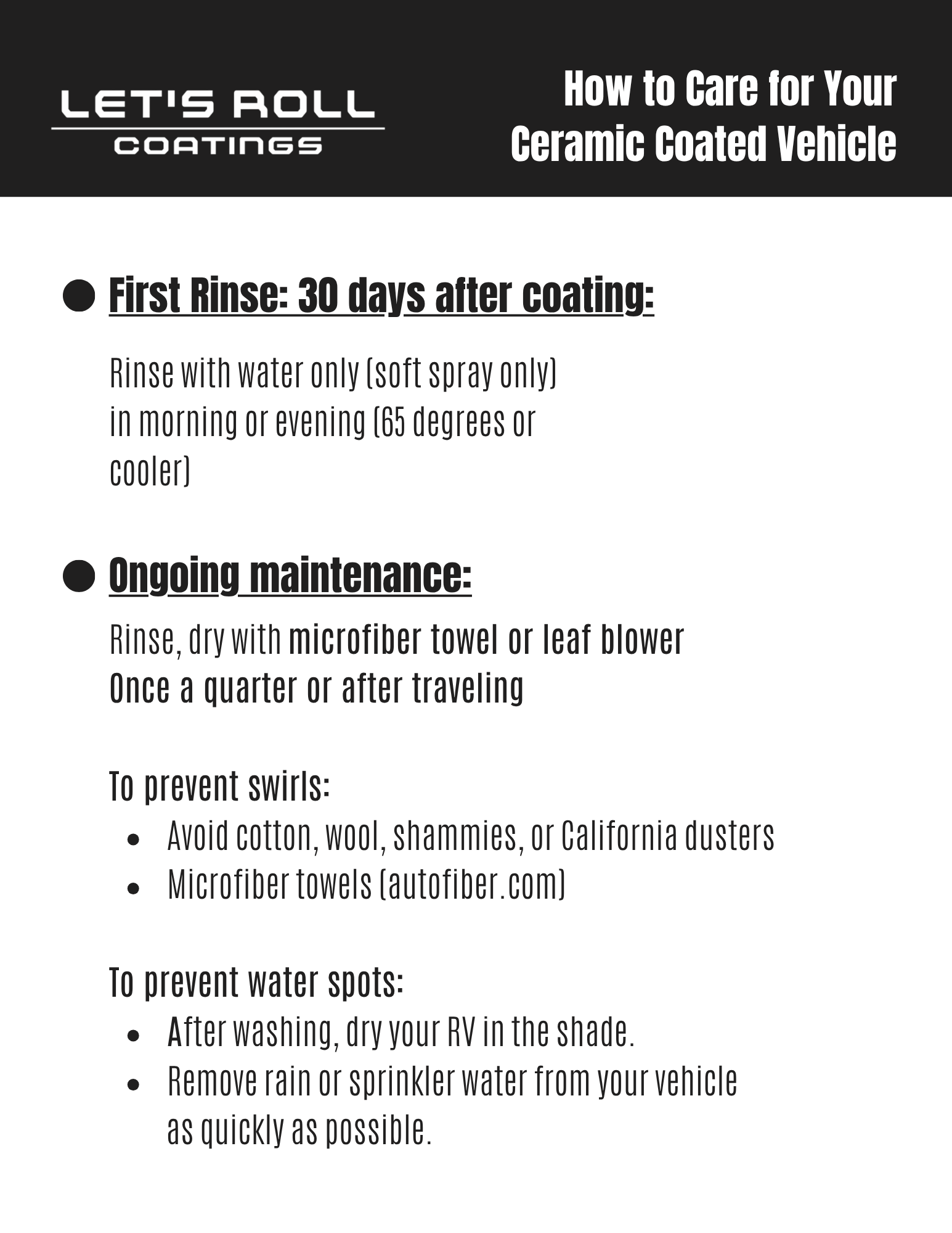 A flyer about how to care for a ceramic coated vehicle