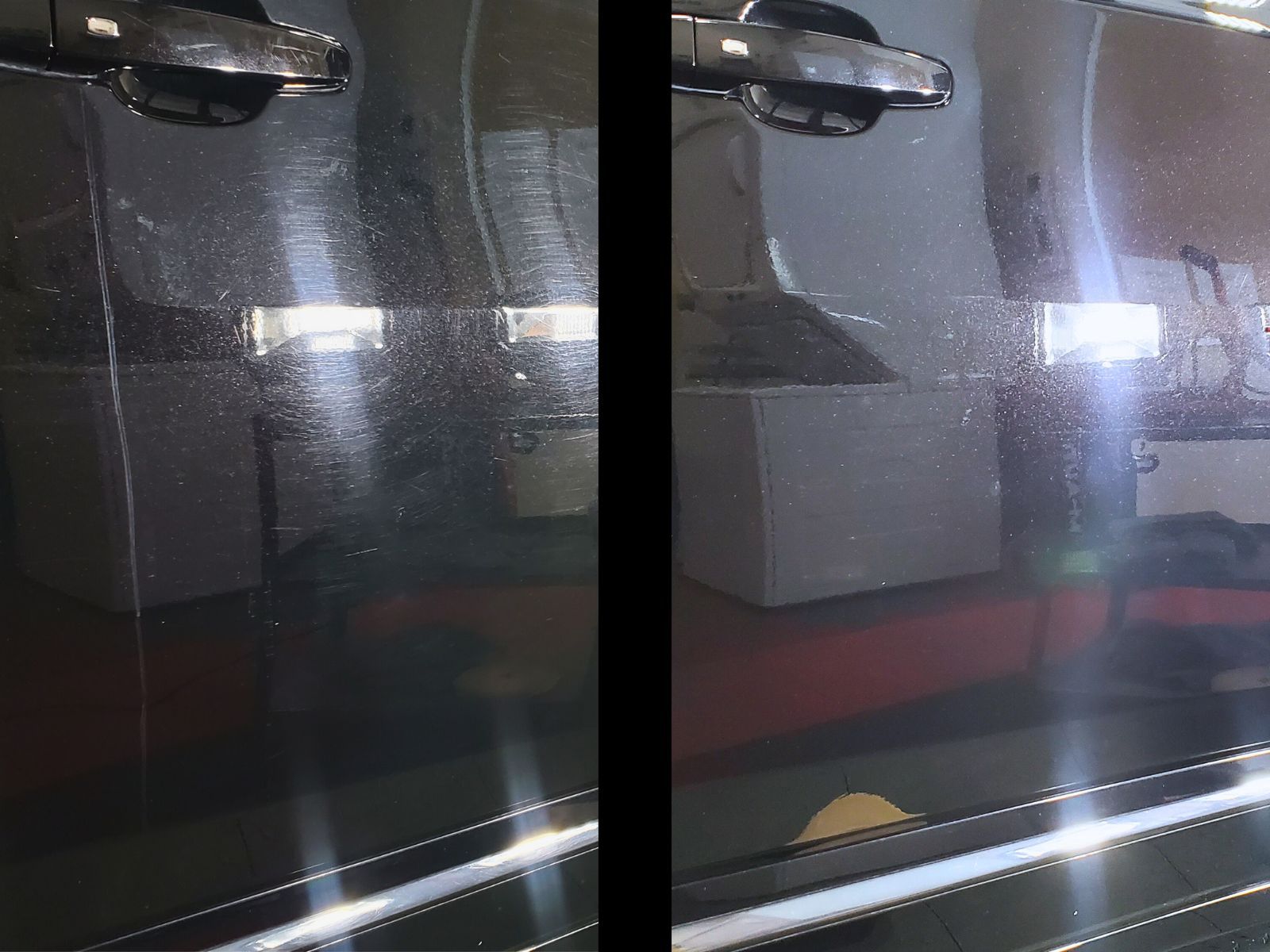 Two side-by-side photos show water beading on a shiny black car door in an indoor setting.