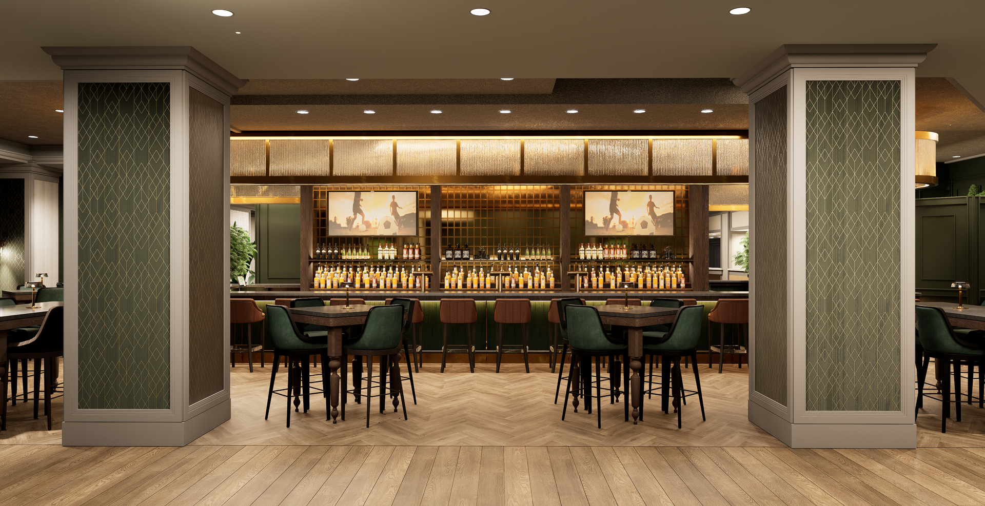 Modern hotel lobby bar with green chairs, wooden tables, and warm ambient lighting