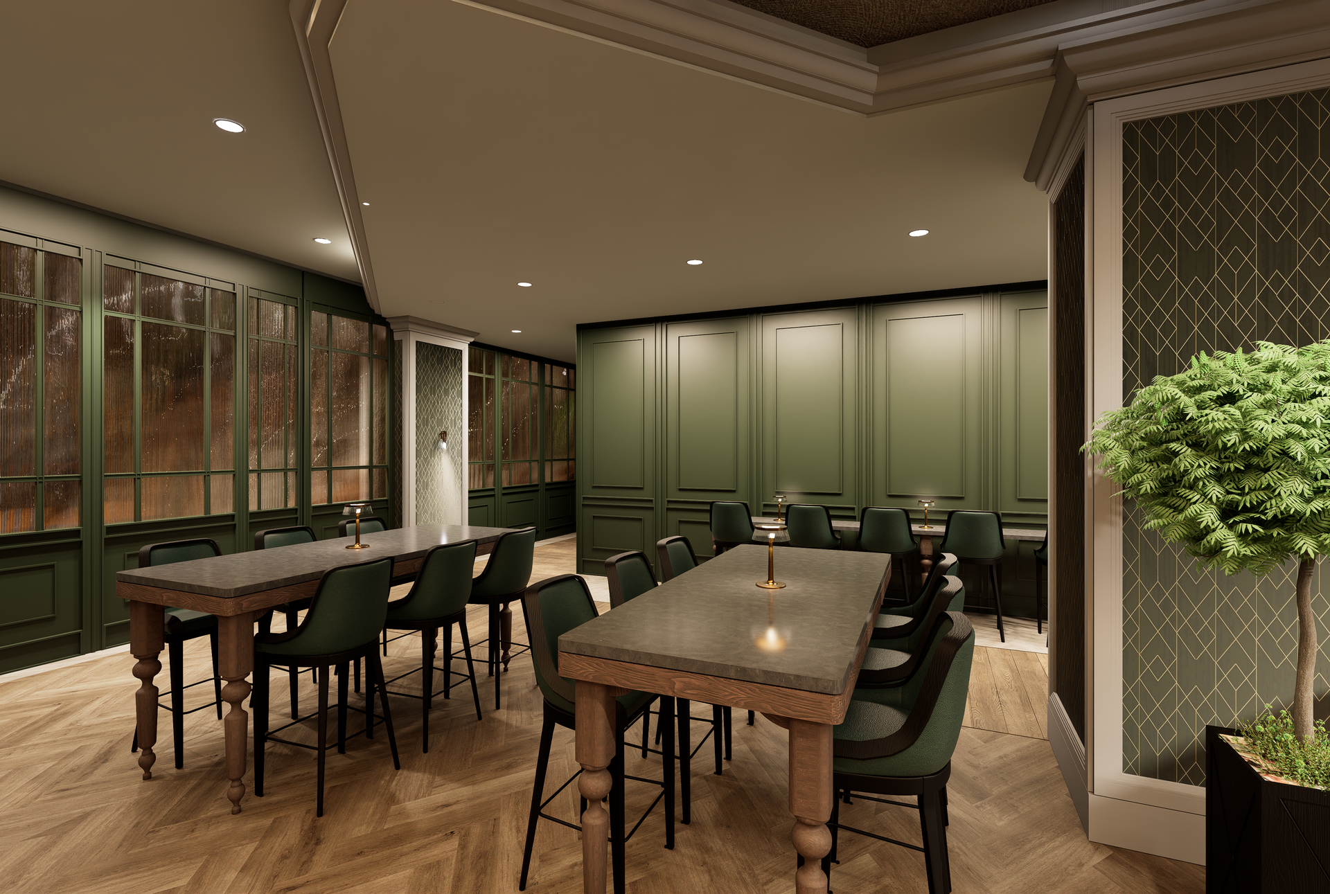 Elegant dining room with wooden tables, green chairs, and warm recessed lighting