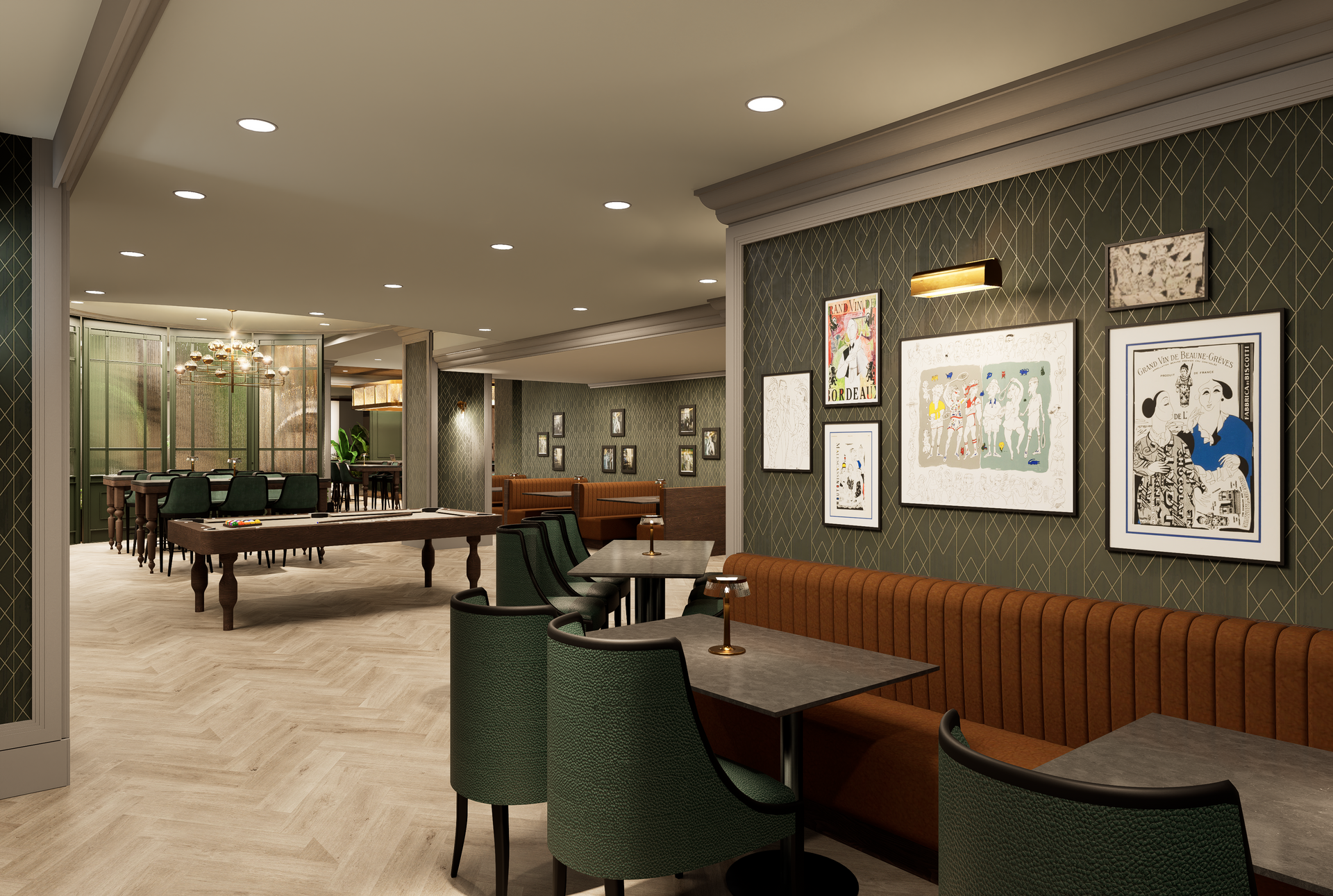 Stylish restaurant lounge with green chairs, wood tables, wall art, and a pool table in the background