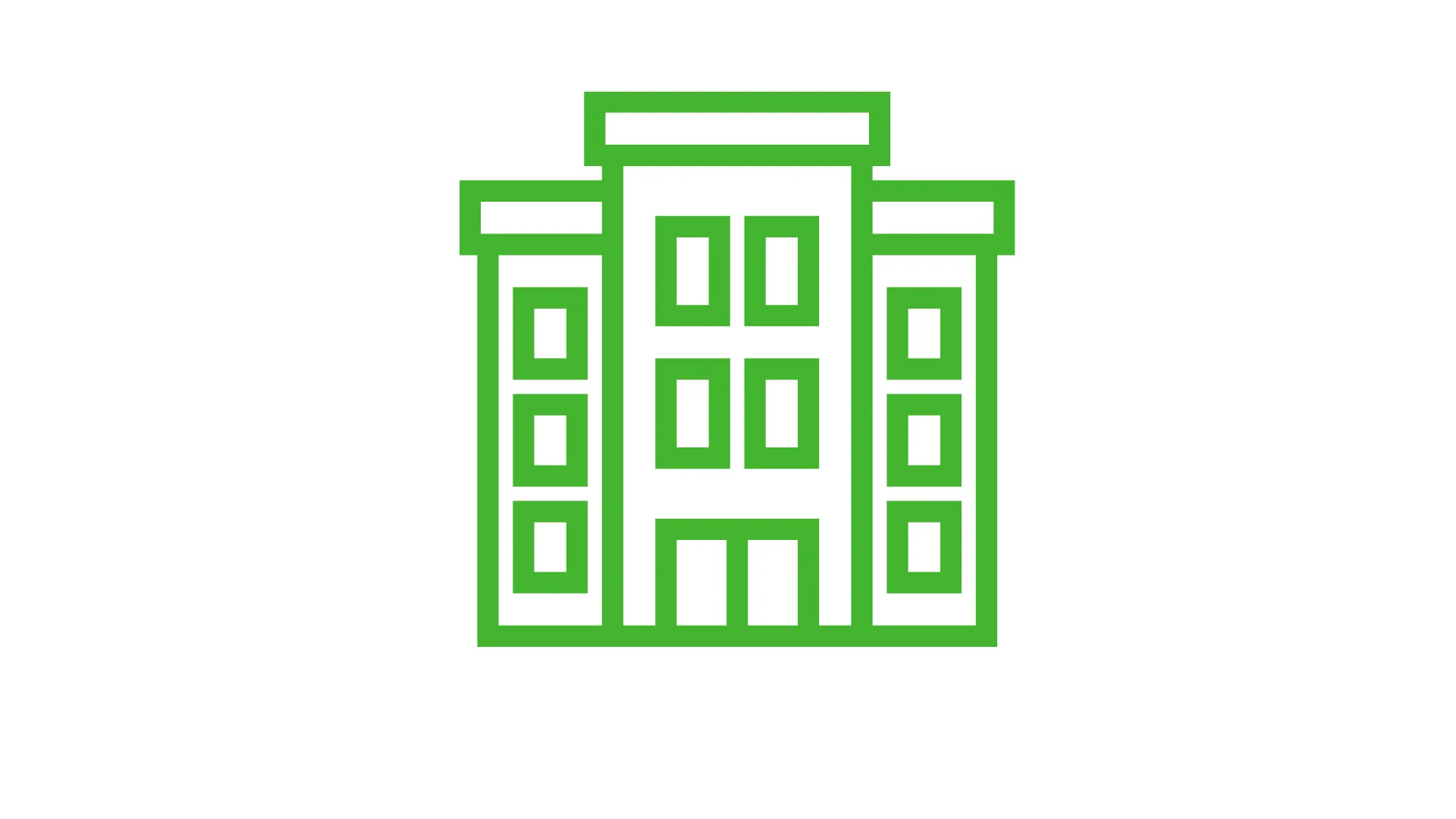 Green outline icon of a building with windows and a central entrance