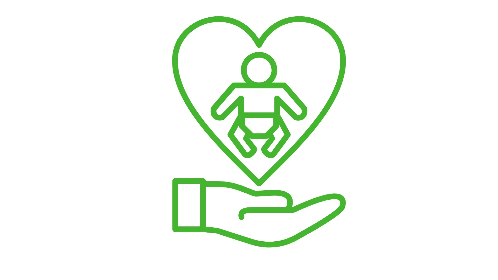 Green outline of a baby in a heart above a cupped hand icon