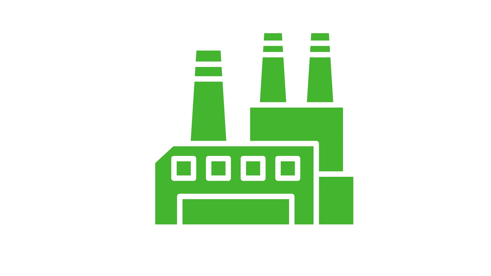 Green factory icon with three smokestacks and windows