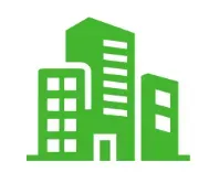 Green stylized city buildings icon with three skyscrapers and windows