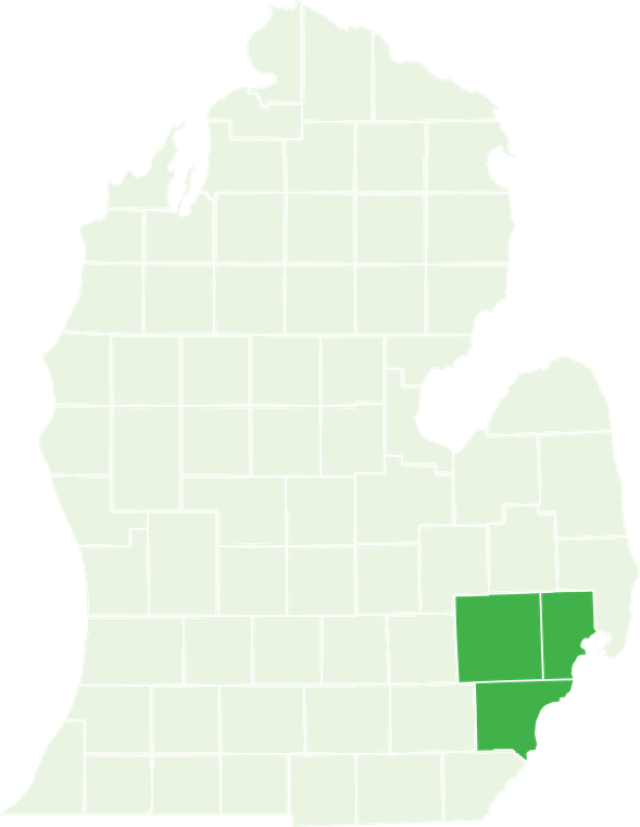 Light green county map with a southeastern region highlighted in dark green