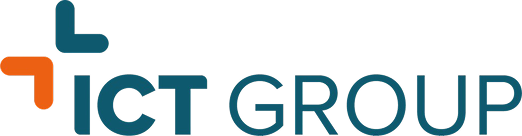 Het logo voor ict group is blauw en oranje op een witte achtergrond.