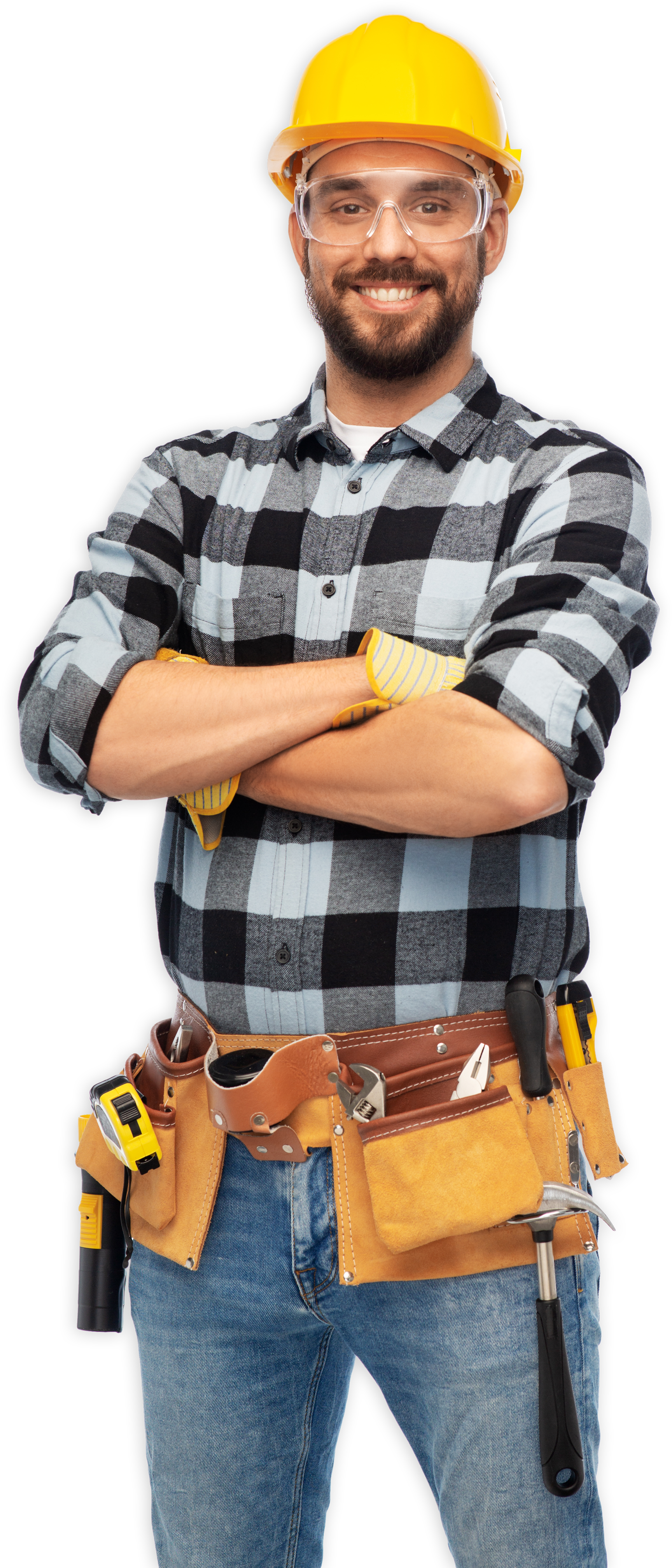 A Man Wearing a Hard Hat and Safety Glasses is Standing With His Arms Crossed