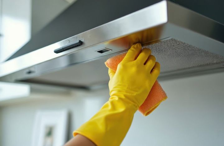 Yellow-gloved hand wiping a stainless steel range hood with an orange cloth