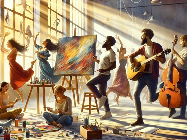 A group of people are dancing and playing music in an art studio.