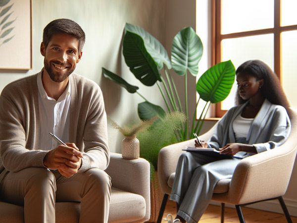 A man is sitting in a chair talking to a woman who is sitting in a chair.