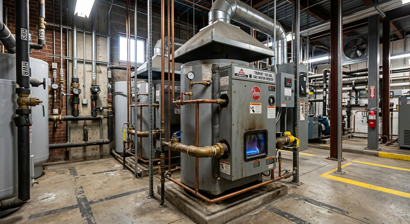 Industrial facility with large metal machinery, pipes, and valves in a factory room