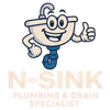 Cartoon smiling blue-and-cream plumber mascot giving a thumbs-up above N-SINK Plumbing & Drain Specialist logo