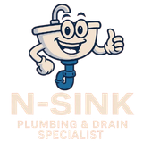 Cartoon smiling blue-and-cream plumber mascot giving a thumbs-up above N-SINK Plumbing & Drain Specialist logo