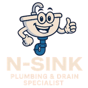 Cartoon smiling blue-and-cream plumber mascot giving a thumbs-up above N-SINK Plumbing & Drain Specialist logo