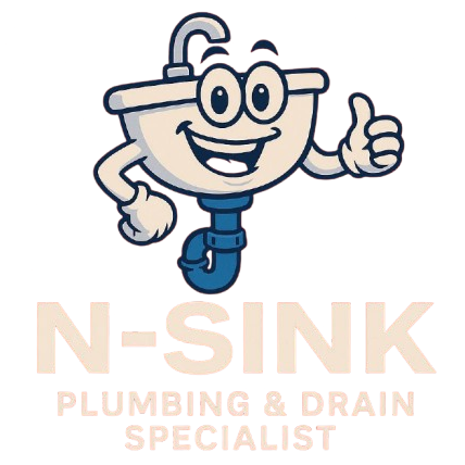Cartoon smiling blue-and-cream plumber mascot giving a thumbs-up above N-SINK Plumbing & Drain Specialist logo