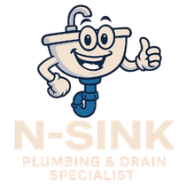 Cartoon smiling blue-and-cream plumber mascot giving a thumbs-up above N-SINK Plumbing & Drain Specialist logo