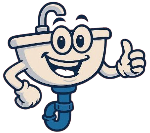 Cartoon smiling toilet plunger mascot giving a thumbs-up, with blue handle and white head
