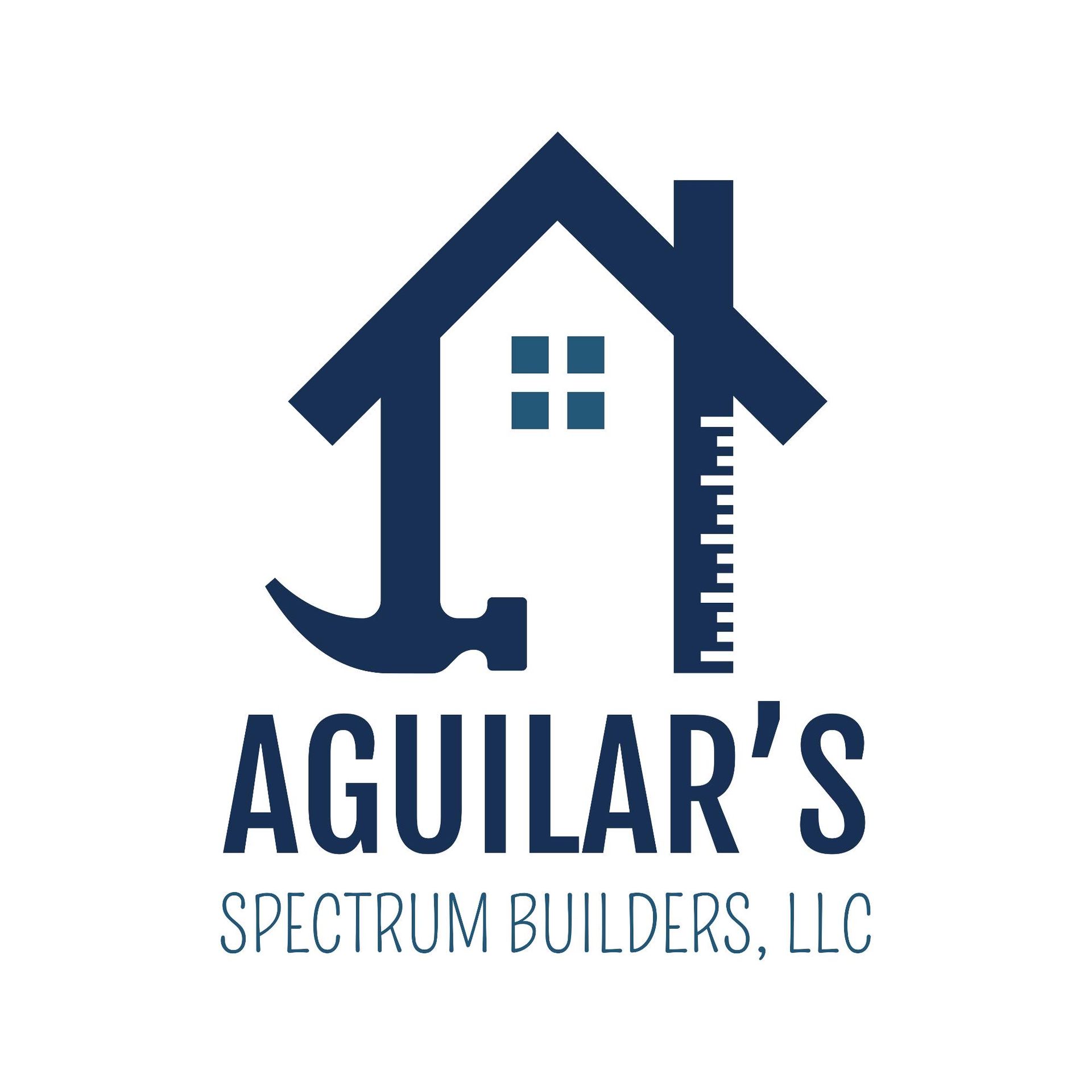 Logo for Aguilar's Spectrum Builders, LLC featuring a dark blue house outline with a hammer and ruler integrated.
