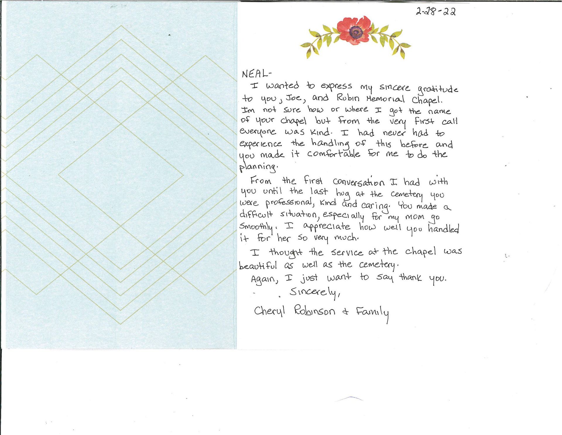 Open notebook page with floral header and handwritten notes; pale blue patterned page on the left.
