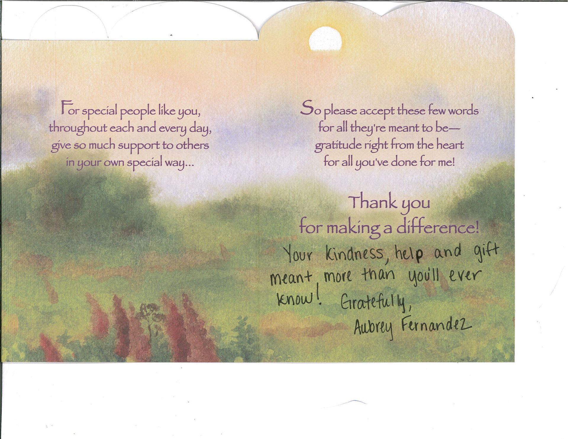 Handwritten thank-you note on a watercolor sunset background with grass silhouettes.