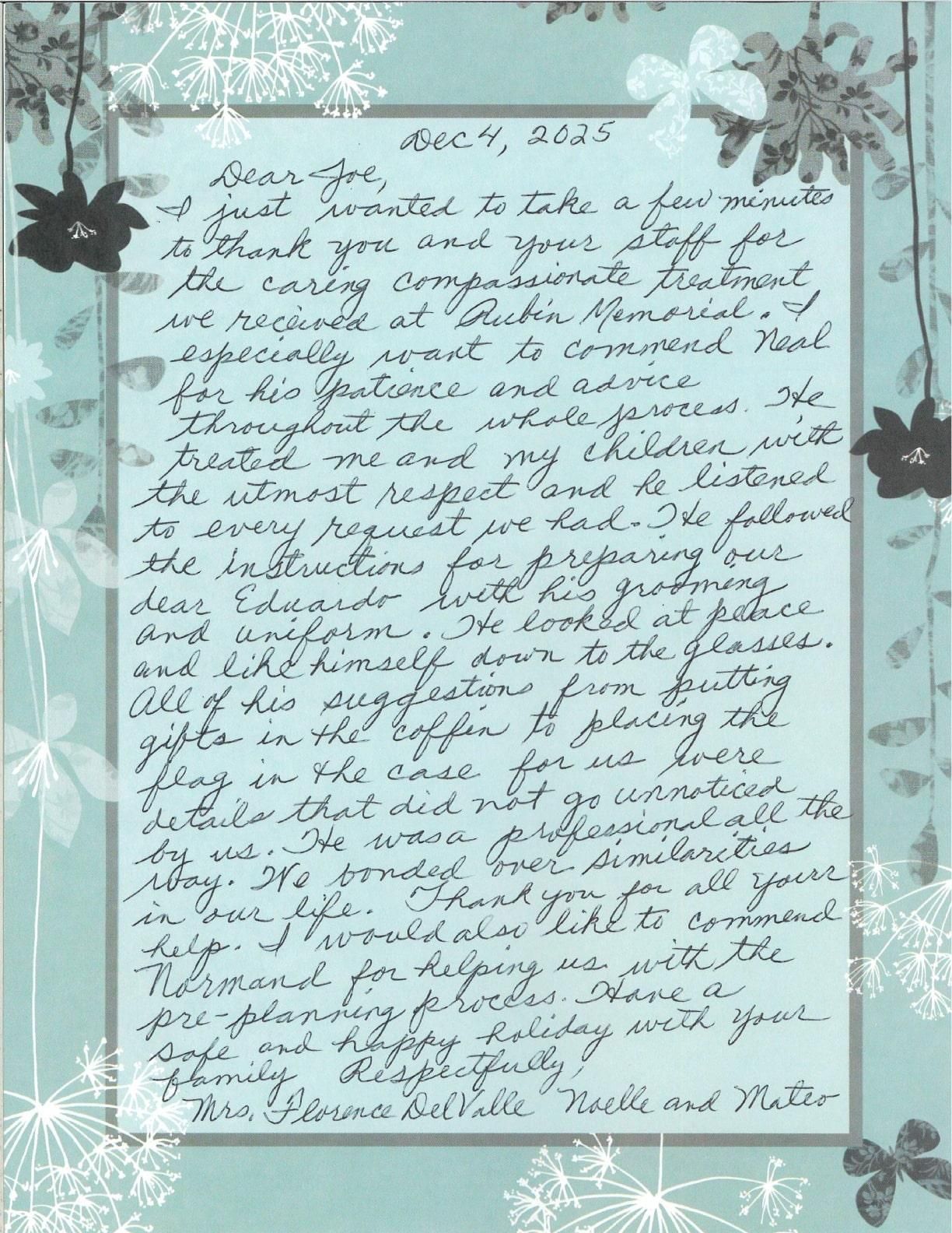 Handwritten letter on a blue floral stationery background with butterflies and stars borders.
