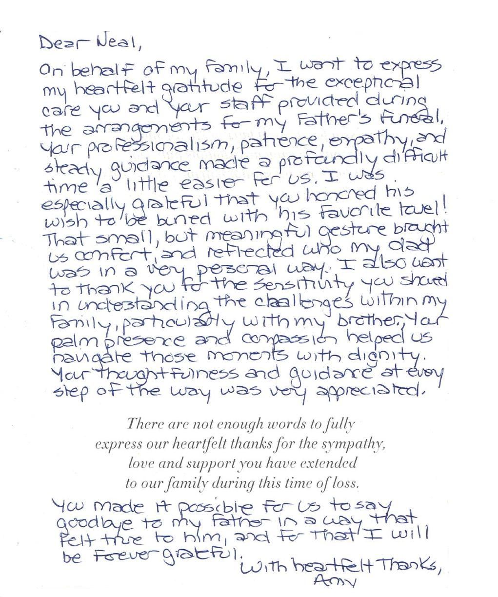 Handwritten letter on white paper, with a short printed quote near the bottom.