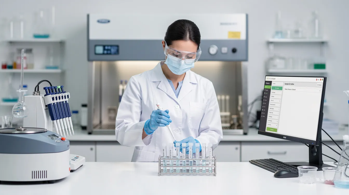 A laboratory technician is seen processing biological samples in a modern clinical setting, surrounded by advanced equipment and tools essential for scientific research. This environment reflects the integration of conventional medicine and naturopathic practices, emphasizing the importance of accurate diagnostics in promoting holistic health and well-being.