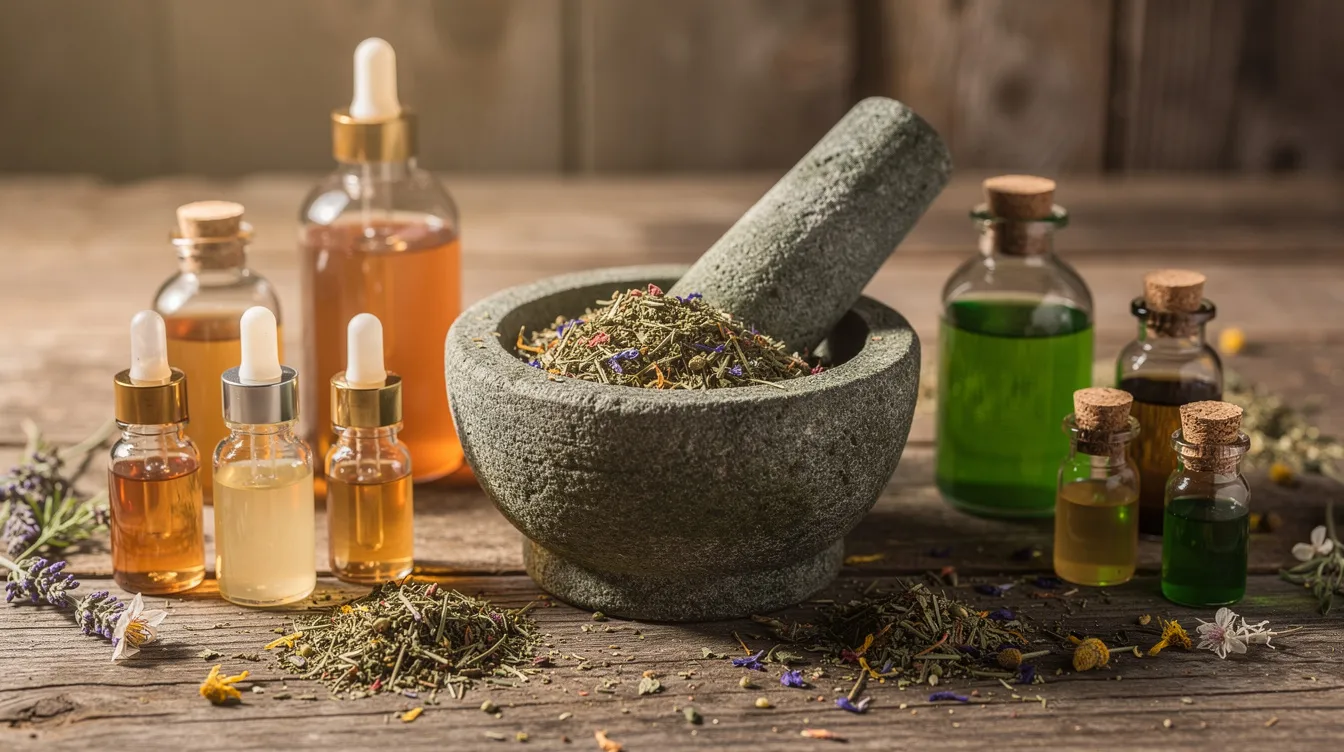 Mortar and pestle surrounded by herbal medicine bottles on a rustic wooden table